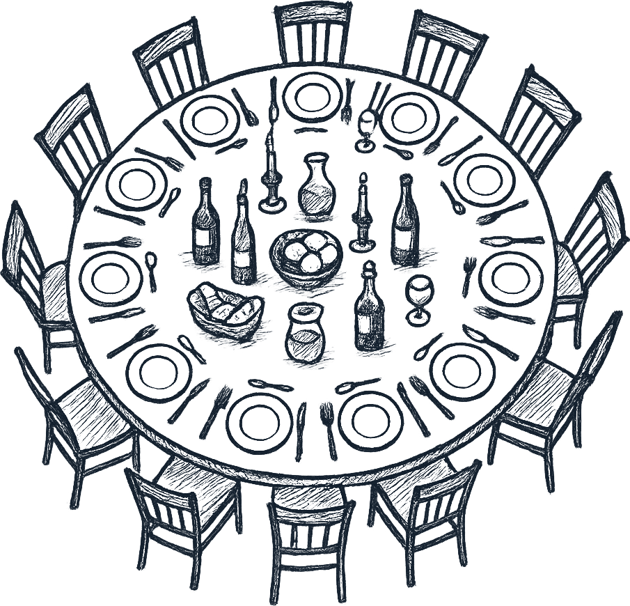 A round table laid for twelve, drawn in ink